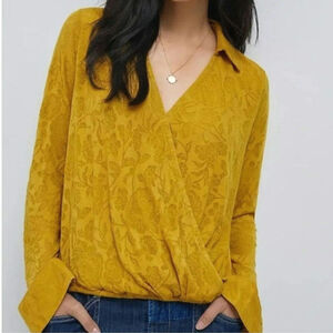 Anthropologie Maeve Floral V Neck Crossover Long Sleeve Yellow Top Size XS